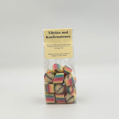 Konfirmatinosbolsjermix m tekst “Tillykke med konfirmationen”